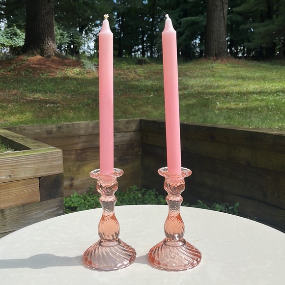 Taiwan Pink Depression Glass (Set of 2) Candlesticks Holders GLOW 6" Tall - Picture 5 of 7